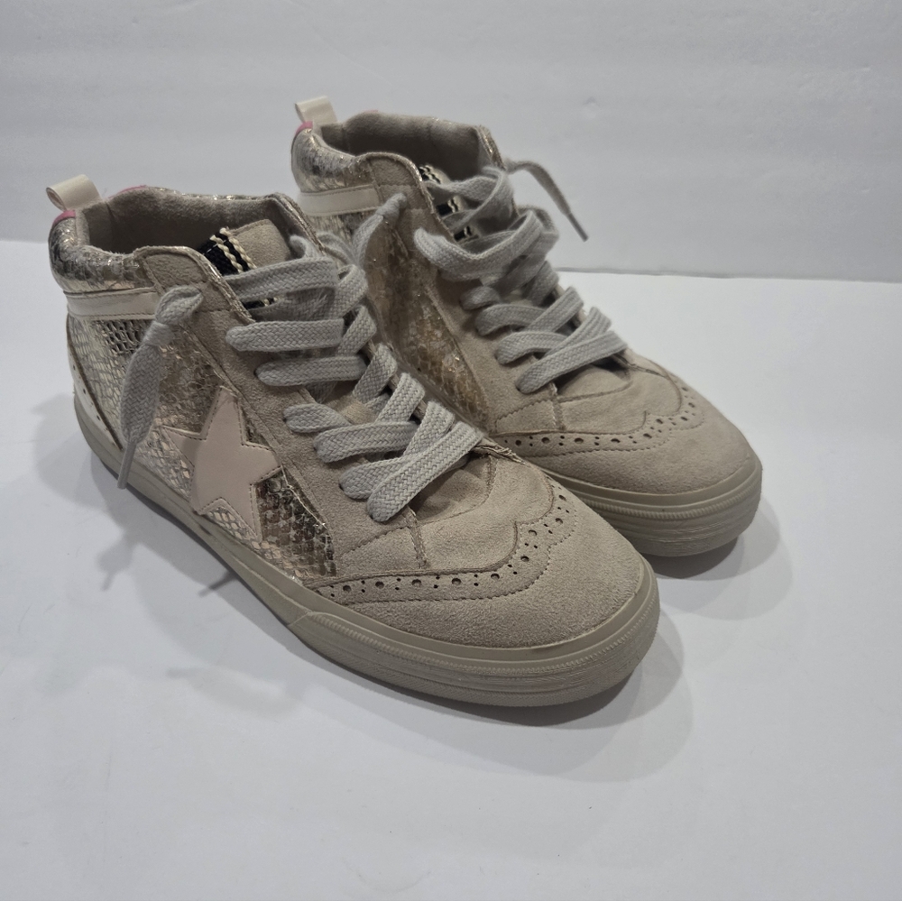 Shu Shop Womens Neutral Star High-Top Sneakers - Beige Pink Accents Sz.8